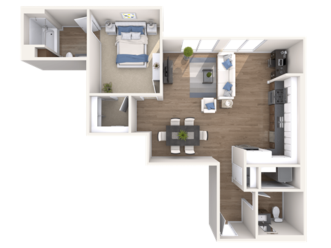 a 3d rendering of a floor plan with a bedroom and a living room